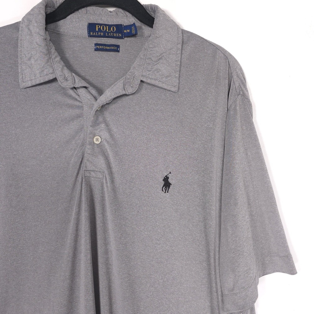 POLO RALPH LAUREN Men's MEDIUM Performance Polo Shirt Gray Stretch Long Length**